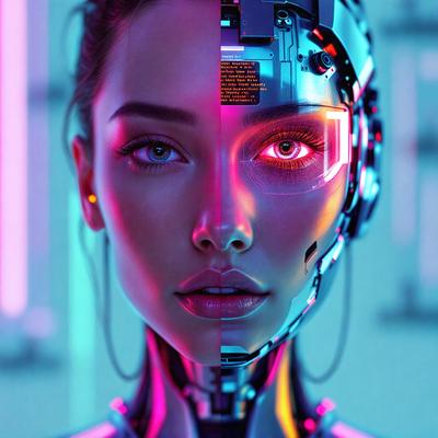 The primary subject of the image is a woman with a futuristic, cyberpunk appearance. She is wearing a metallic, high-tech headpiece and has a pink and purple hue to her skin. The setting is a futuristic environment, possibly a neon-lit room or a space station. The visual style is a combination of digital art and illustration, creating a striking and unique image. The colors and mood of the image are vibrant and energetic, reflecting